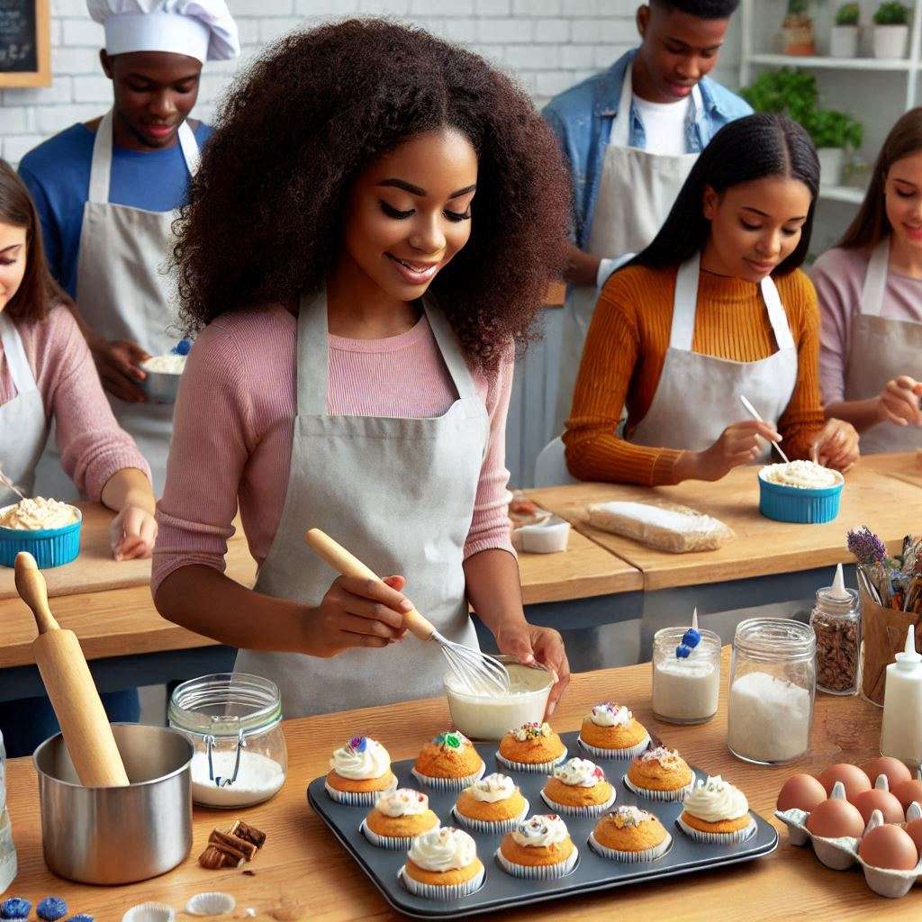 Baking class setup showcasing cupcakes, cakes, and baking tools, with students engaged in a hands-on baking lesson.