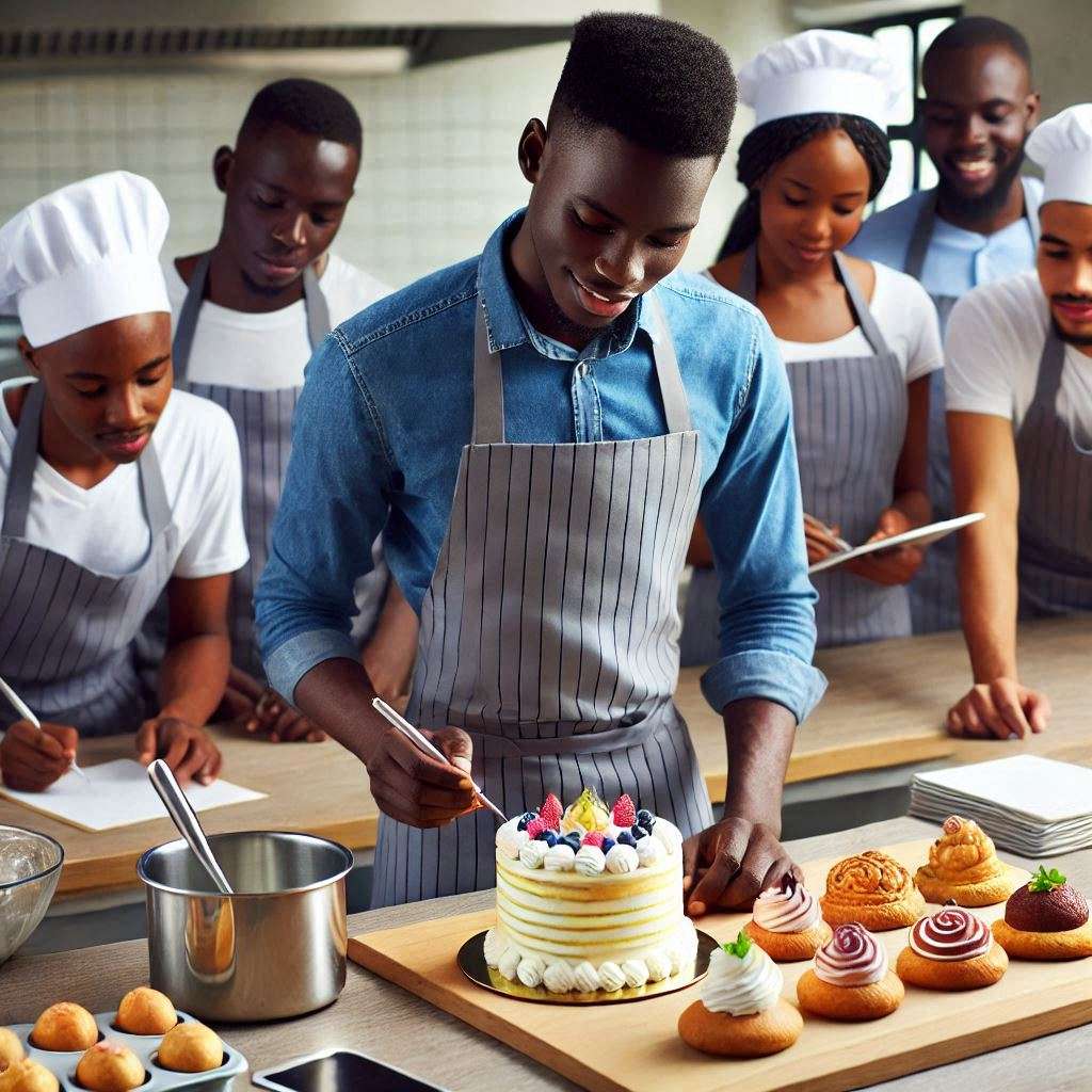 Modern baking and pastry school in Kenya with students engaged in lessons, showcasing freshly baked pastries and cakes in a professional classroom setting