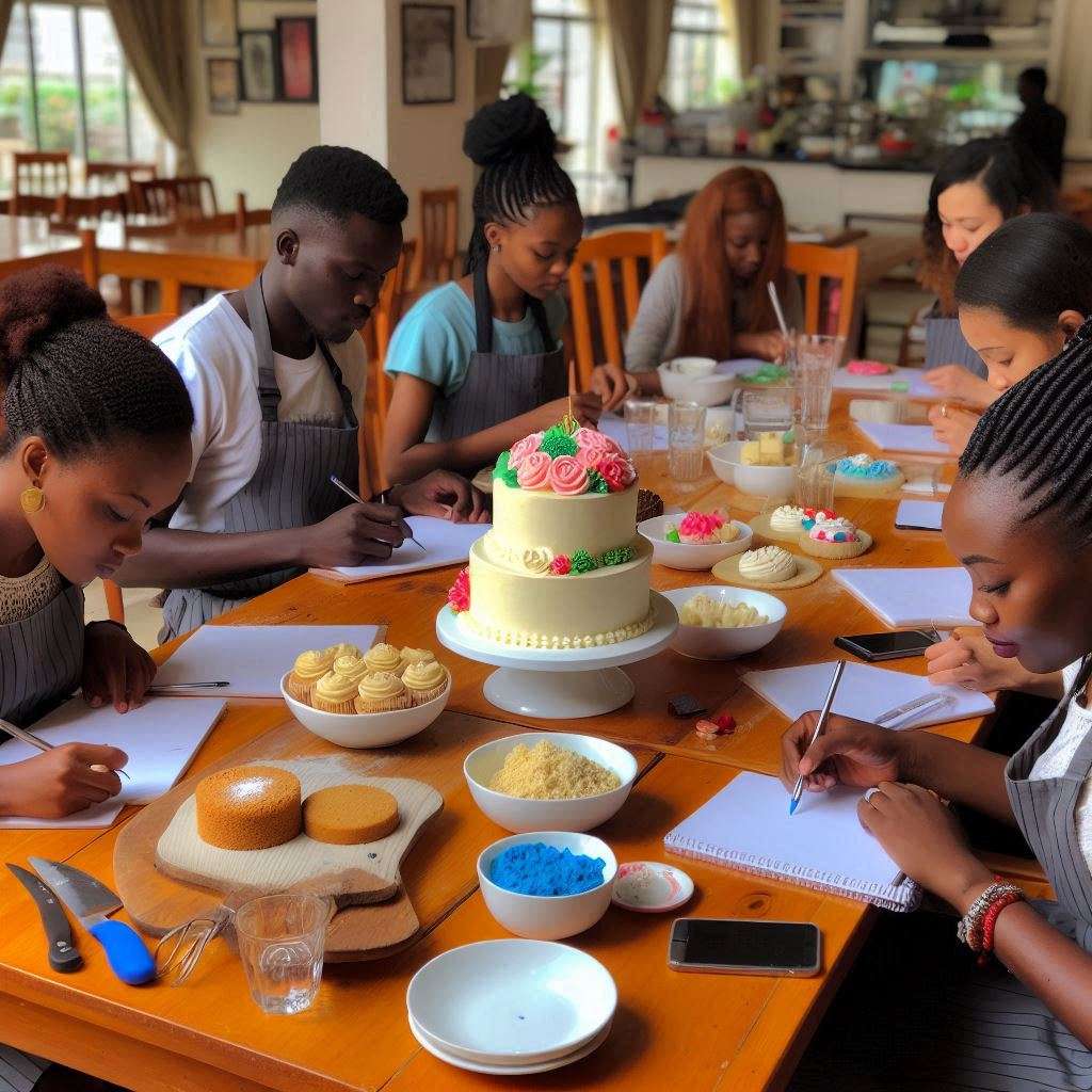 A photo of a baking class in Nairobi with students learning to bake cakes and decorate desserts at Dessert Galore 254