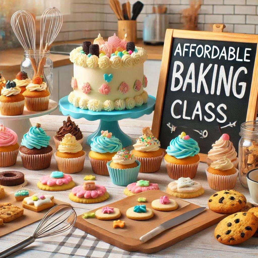 Affordable baking class setup with various dessert options like cupcakes, cakes, and cookies, showcasing the affordability and fun learning environment.