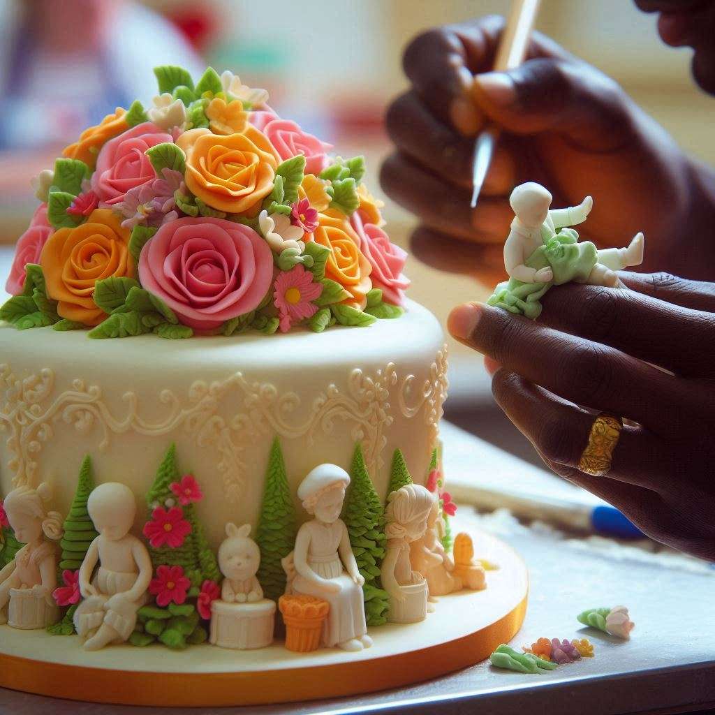 A cake decorated with detailed fondant designs, including flowers and figurines, with a professional cake decorator applying fondant in the background during a baking course.